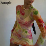 O Neck Women Y2K Casual Mesh Long Sleeve Summer Beach Skinny Mini Dress Floral Print Fashion Spring Bodycon Dress