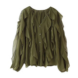 Women's V-Neck Folding Trim Shirt Long-Sleeved Top Loose