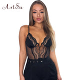 Women Sexy Bodysuit Lace Hollow Out Strap Backless V-neck Black Bodycon Female See-Through Body Romper New