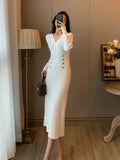 Women Winter Sheath Elegant Midi Knitted Dress Sexy V-neck Long Sleeve Wool Blend Warm Design Knitting Clothing Winter 2023