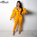 Ruched Lantern Long Sleeve Jumpsuit Women One Piece Outfit Bodycon Romper Female Black Solid Off Shoulder Jumpsuit