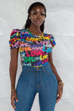 Printed Sexy O-Neck Puffed Short Sleeves