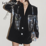 Black Loose Casual Patchwork Diamonds Tassel Blazer Female Notched Long Sleeve Fashion Jacket For Women 2021