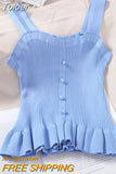 2023 Y2K Buttons Cute Women Cropped T-shirt New Streetwear Stripe Sexy Summer OFF White Ruffles Sleeveless