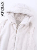 Women Fashion Front Pockets Faux Fur Hooded Waistcoat Vintage Sleeveless Zipper-up Female Outerwear Chic Vest