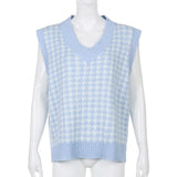 Plaid V Neck Vintage Sweater Vest Casual Elegant Sleeveless Jumpers Pullover Autumn Knitted Top Winter High