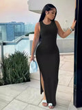 Women's Commuting Pits Long Dress Sleeveless Round Collar High-Waisted Ass