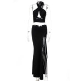 Summer Fashion Black Two Pieces Set Tie Sexy Top High Slit Side Skirts Slim Bodycon Party