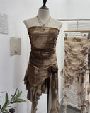 Shot Tie Net Yarn Printing Irregular Ribbon Three-Dimensional Flowers Small Man With Chest Short Skirt Dress Dress