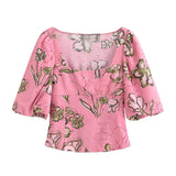 Summer New Women's Collar Bubble Sleeve Short Linen-Blend Print