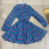 Print Colorblock Mini Dress For Women Stand Collar Lantern Sleeve High Waist Loose Dresses Female Clothing