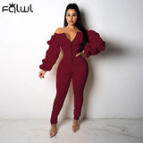 Ruched Lantern Long Sleeve Jumpsuit Women One Piece Outfit Bodycon Romper Female Black Solid Off Shoulder Jumpsuit