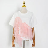 Black Casual Patchwork Ruffle T Shirt For Women O Neck Short Sleeve Irregular Straight T Shirts Female 2021