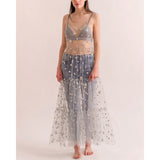 Women's Shiny Glitter Stars Mesh Sheer Bikini Cover Ups Tulle Spaghetti Straps See-through Maxi Dress Summer Beach-Outfit