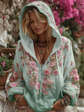 Zippered T-Shirt Trend Japanese National Style Cherry Blossom Art Printing National Tide Loose Autumn And Winter