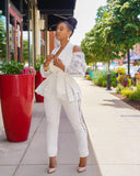 Elegant Ruffles Lace Cut Out Shoulder Long Sleeve Blazer And Pant