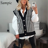 Houndstooth Sexy Long Sleeve Knitted Sweater Cardigan Women Fashion Casual Beige V Neck Sweaters Ladies Autumn Winter