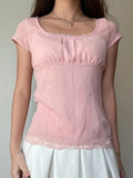 y2k Chiffon Crop Top Lace Trim Short Sleeve T Shirt O Neck Cute Sweet Pullovers Women Pink Summer Fairycore Basic