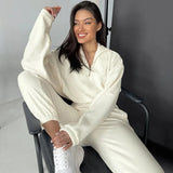 Solid Women Zipper Stand Collar Tops Autumn Winter Two Piece Sets Splice Full Sleeve Elastic Waist Straight Long Pants Set-Outfit