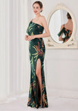 Sequin One Shoulder Slit Long Evening