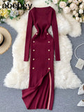 Women Sexy Split Knitting Dress Autumn Winter O Neck Long Sleeve Dress Korean Elasticity Warm Sheath Sweater