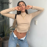 Autumn Skinny Casual Turtleneck Bandage Ruched Long Sleeve T Shirt Women Sexy 2020 Basic Tees Tops White Cropped T