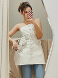 Sexy White Dress For Women Strapless Sleeveless High Waist Patchwork Floral Solid Mini Dresses Female Summer