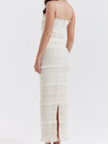 Y2K Ruched Sleeveless Strap Long Sling Dress for Women Ruffles Square Neck Low Cut Back Split Dresses Female Vestidos-Outfit