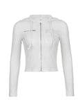White Zip-Up Hooded Cropped Knit Top-Outfit