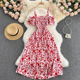Summer Sexy Slash Neck Spaghetti Strap Midi Dress Women Casual Off Shoulder Short Sleeve Vacation Beach Robe Female