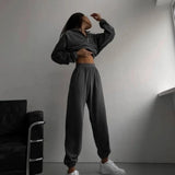 Solid Women Zipper Stand Collar Tops Autumn Winter Two Piece Sets Splice Full Sleeve Elastic Waist Straight Long Pants Set-Outfit