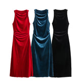 New Velvet Sleeveless Pleated Midi Dress 8387887-Outfit