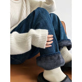 Women's Thickened Fleece Lined Wide Leg Jeans 2022 Winter Loose High Waist Straight Warm Denim