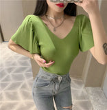 Small Sexy V-Neck T-Shirt Summer Pink Top Women's Lotus Side Of The Ocean With Thin Collarbones Cover Short