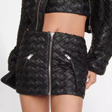 2025 Personality Weaving Leather Jacket Jacket + Bag Hip Skirt Two-Piece Set Female
