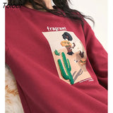 Women Fleece Sweatshirt 2022 Winter Long Sleeve O Neck Drop Shoulder Hoodie Graphic Print Wine Red Casual Chic