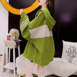 Female Casual Fahsion Striped Spliced Zipper Cardigan Loose All-match Thin Long Sleeve Hooded Jackets Women's