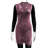 Toloer Women's Mesh Flash Diamond Round Collar Dress