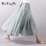Linen Cotton Vintage Skirt Women Solid Beach Boho Pleated Maxi Skirts Summer Fashion Retro Elastic Waist Saia