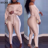Women Elegant Off Shoulder Long Sleeves Solid Bodycon Skinny Leg with Belt Jumpsuit-Outfit