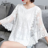 Tops and Blouses WomenThree Quarter Shirts White Blouse Women Shirts Lace Shirt Sunscreen Shirt Outside Blouse