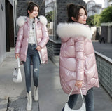 Jacket Women 2021 Female Parka Coat Mid Long Overcoat Hooded Warm Hooded Artificial fur collar Shiny Down Cotton