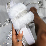 Slippers Women 2021 Fashion Summer Fur Slides For Woman Rhinestone Sandals Fluffy Female Shoes Glitter Indoor Diamond