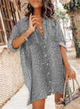 Women Blouse Loose Long Sleeve Shirts Button Down Mini Dress Leopard Printed Oversized Vestidos Casuales Beach