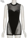 Sisterlinda Sexy See Through Mesh Patchwork Rompers Women Sleeveless Elastic Workout Velvet Overalls Activity Midnight