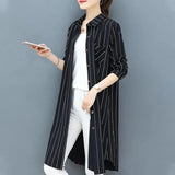 Korean Midi Striped Print Shirt for Female Turn-down Collar Single-breasted Fashion Long Sleeve Blouse Women's Clothing-Outfit