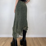 Lady Irregular High Waist Midi Skirts Grunge 2000s aesthetic Ruffles Chiffon Skirt Vitnage Streetwear Green