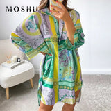Summer Shirt Dress Women V Neck Y2K Print Blue Loose Blouse Long Sleeve Beach Sexy Party Casual Green