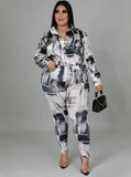 Print Blouse and Pants Plus Size Two Piece
