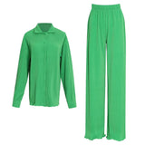Green Two Piece Set Womens Lapel Long Sleeve Tops High Waist Loose Wide Leg Pant Solid Sets Female Spring
